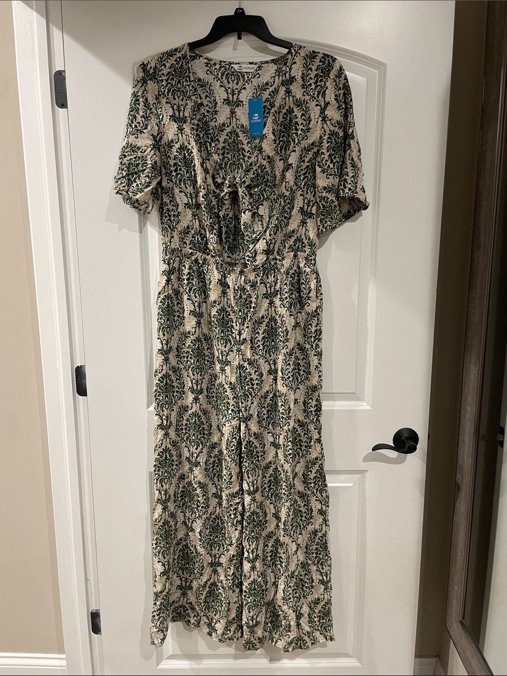 Cream and Green Floral Romper with Short Sleeves
